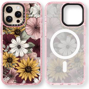 for iPhone 16 Pro Case Cute - Compatible with Magsafe - Durable Shockproof 6.6 ft Drop Impact Phone Case - Funny Sunflower Design (6.3") Glitter Pink