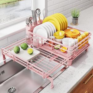 SNTD Dish Drying Rack - Extendable Dish Rack, Large Sink Drying Dish Drainer for Kitchen Counter, Stainless Steel Dish Strainer with Utensil Holder (Pink)