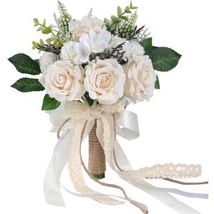 Wedding Bouquets for Bride Bridesmaid,White Champagne Artificial Roses Flowers for Wedding Church Decoration (6.5in)