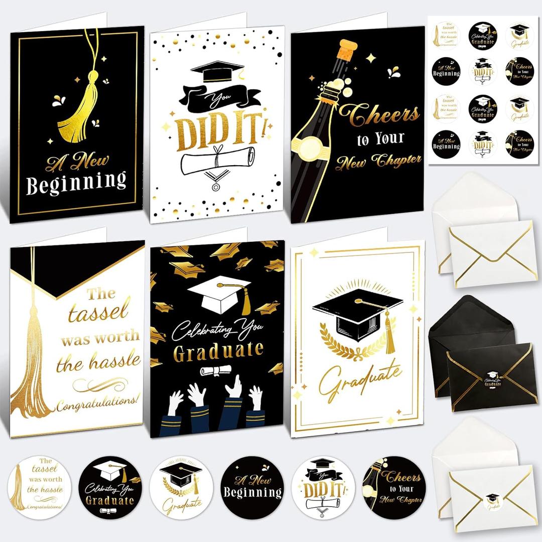 12 Pack Gold Foil Graduation Cards 5 x 7 in with Envelopes and Sticker Seals, 6 Elegant Designs with Printed Messages Inside, Congrats Cards for High School & College Graduates, Gifting and Mailing