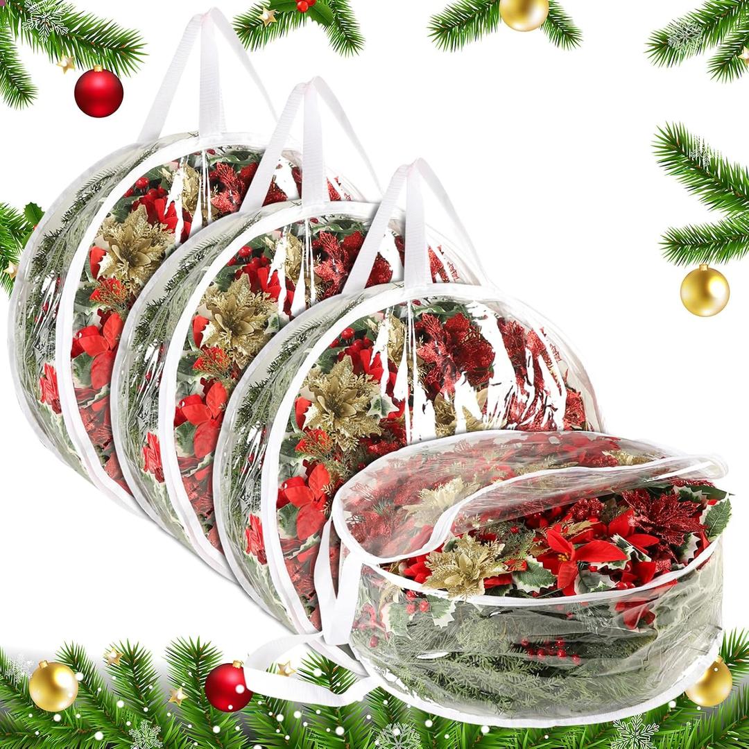 4 Pcs Christmas Wreath Storage Bag, 24 Inch Clear Xmas Wreath Storage Container, Garland Holiday Artificial Wreath Storage Holder, Water Proof Transparent PVC with Handles
