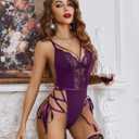 Avidlove Lingerie for Women Lace Lingerie Sets with Garter Belts One Piece Bodysuit Teddy No Stockings S-XXL (Purple, L)