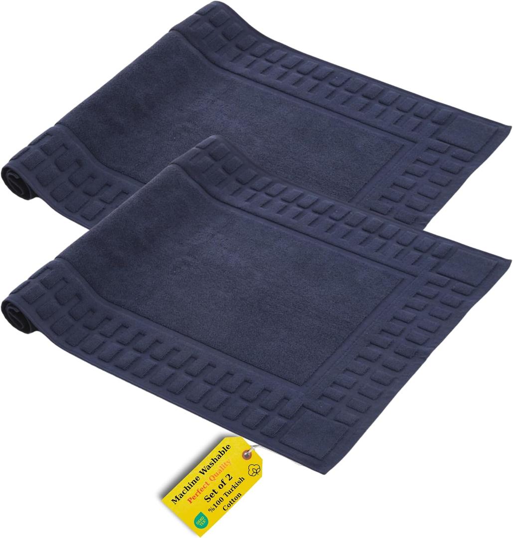 Turkish Cotton Bath Mat Set of 2-100% Turkish Cotton 21x34 inch Bathroom Floor Towel Mat (Not Rug) - Absorbent 900 GSM Hotel Spa Quality Floor Towels - Machine Washable Quick Dry (Navy Blue (Hera Design))