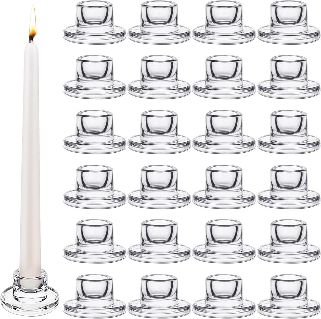 24 PCS Glass Taper Candle Holders Bulk Candlestick Holders Clear Short Tapered Candle Stick Holder Decor Set for Table Centerpiece Wedding Party Advent Christmas Home Decorations (24, Clear)