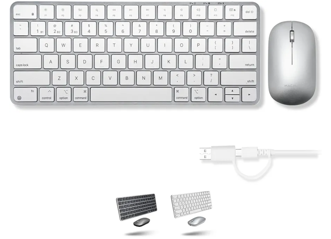Macally Apple Wireless Keyboard and Mouse for Mac - Dual Mode (Bluetooth + Wired) - Multi-Device, Rechargeable - Mini Wireless Keyboard and Mouse Combo for MacBook, iPad, Mac mini/Air/Pro (Silver