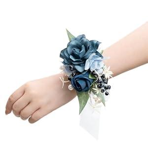 Ling's Moment 2pcs Homecoming Wedding Wrist/Shoulder Corsage Artificial Flower, Girl/Mother Prom Corsage Wristlet Décor, etc. Dusty Blue Navy