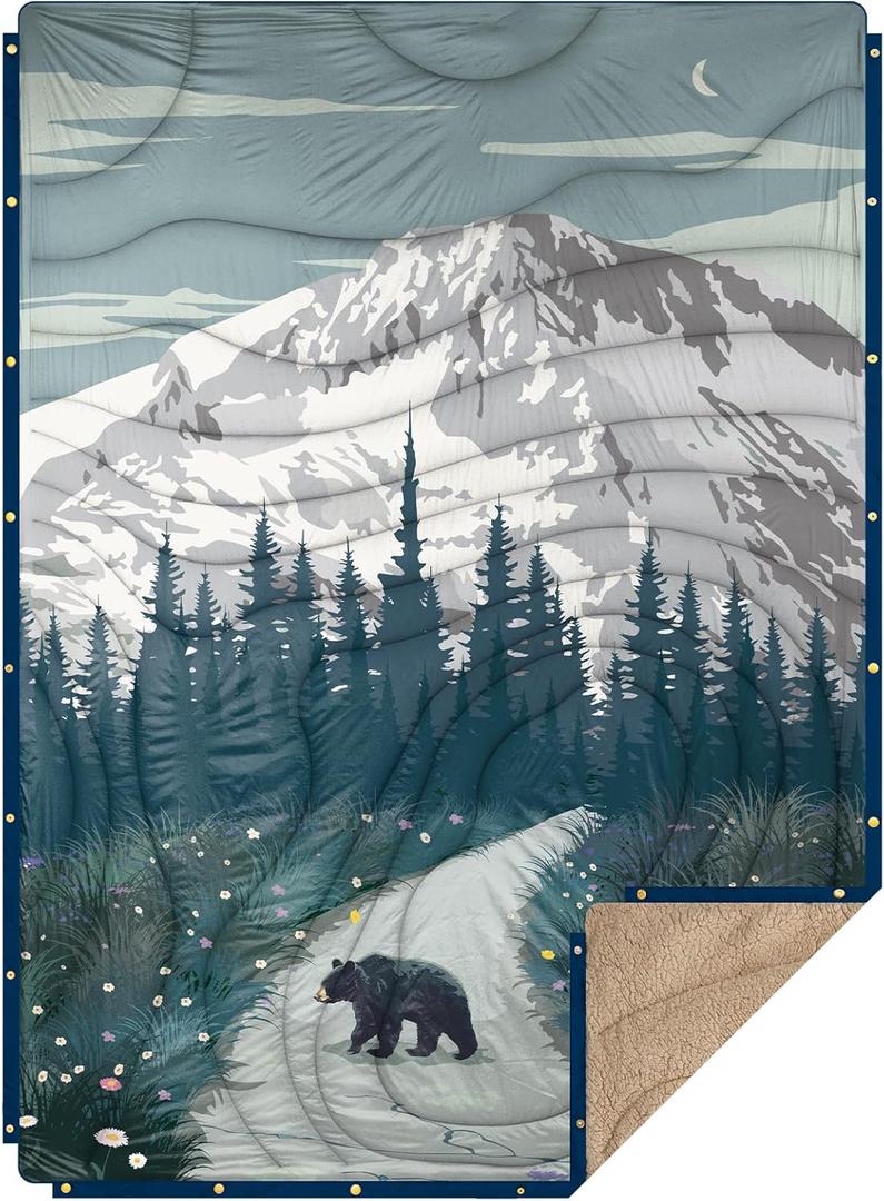 Outdoor Camping Blanket with Sherpa Lining, Extra Warm Thick Camp Blankets and Puffy Ultralight Soft Poncho DWR Camping Quilt for Cold Weather, Adventure, Sleeping, Backpacking 78"x 56"
