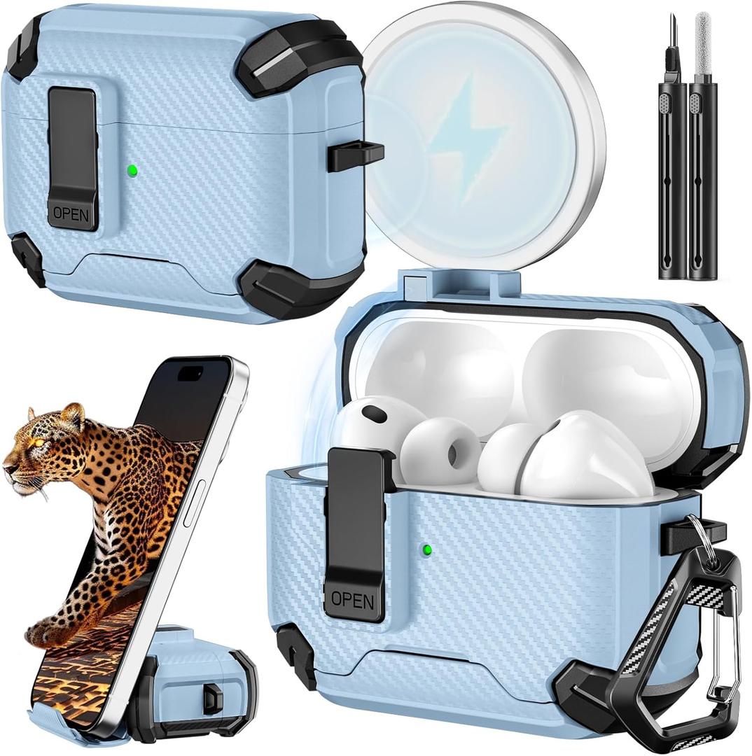 Inesore for AirPods Pro 3 Case (2025) with Phone Stand & Cleaning Kit,Compatible with Magsafe,Magnetic Automatic Lock Cover for AirPods Pro 3rd Generation (A-A-light blue)