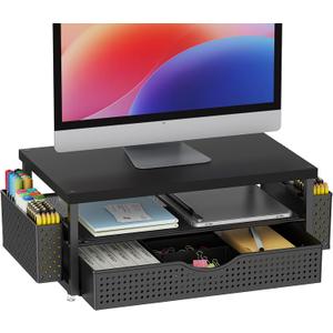 gianotter Wood Monitor Stand Riser, Office Desk Shelf Organizer, Desk Organizer with Drawer and Pen Holder, 2-Tier Computer Stand, Office Organization (Ink)