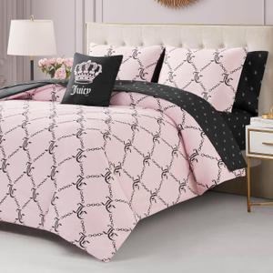 Juicy Couture Light Pink/Black Link Logo Printed Comforter Set, Full – Complete 8-Piece Bed in a Bag Collection