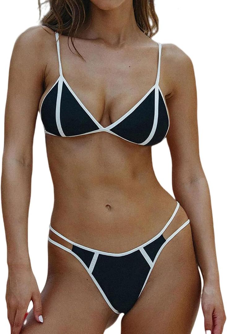 Women's 2 Piece Bikini Set Colorblock V Underwire Cami Tie Back Bathing Suit Sexy String High Cut Swimsuit (Black, M)