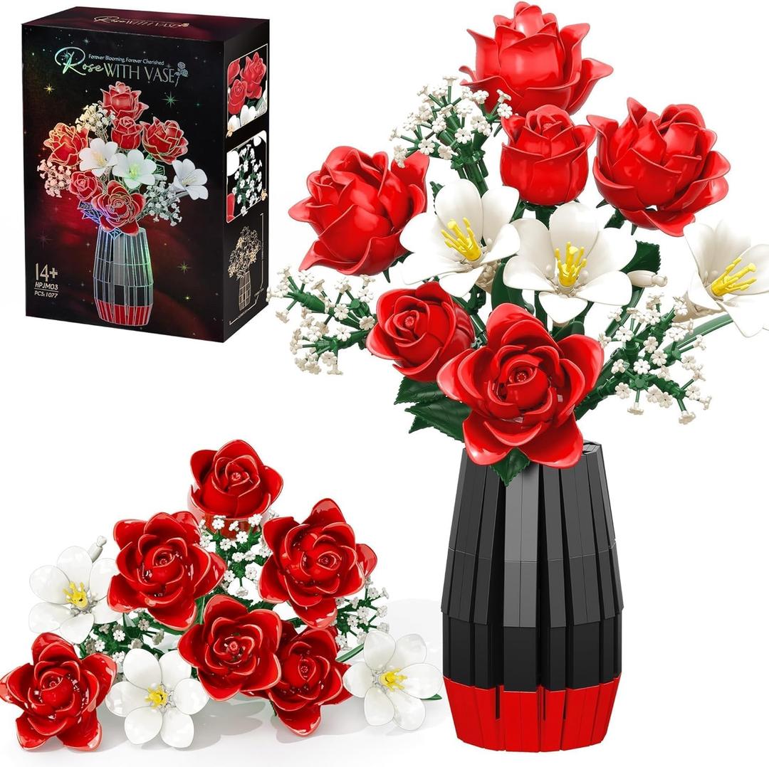 Rose Flowers Bouquet Building Set with Vase Included, 1077 PCS Artificial Flowers Botanical Collection Kit for Adults Women Men & Teen Girl, Gifts for Birthday Valentine's Day Mom Her Wife Girlfriend