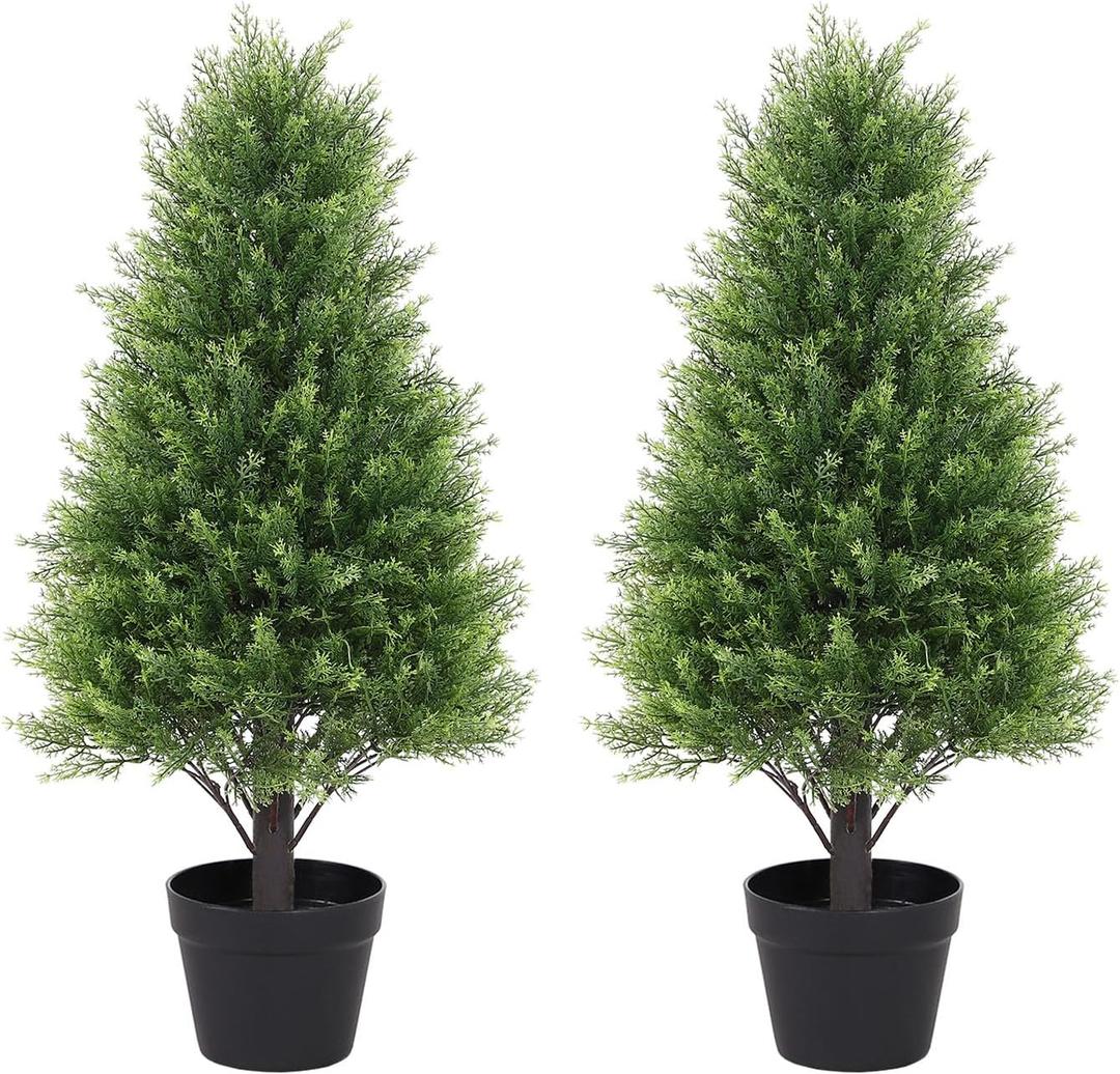 30" Cedar Topiary Trees Artificial Outdoor Set of 2 Pack, Large Realistic Faux Plants Outdoor, UV Resistant Fake Evergreen Cone Bushes & Shrubs for Front Porch Outside Planter Decor 2.5ft