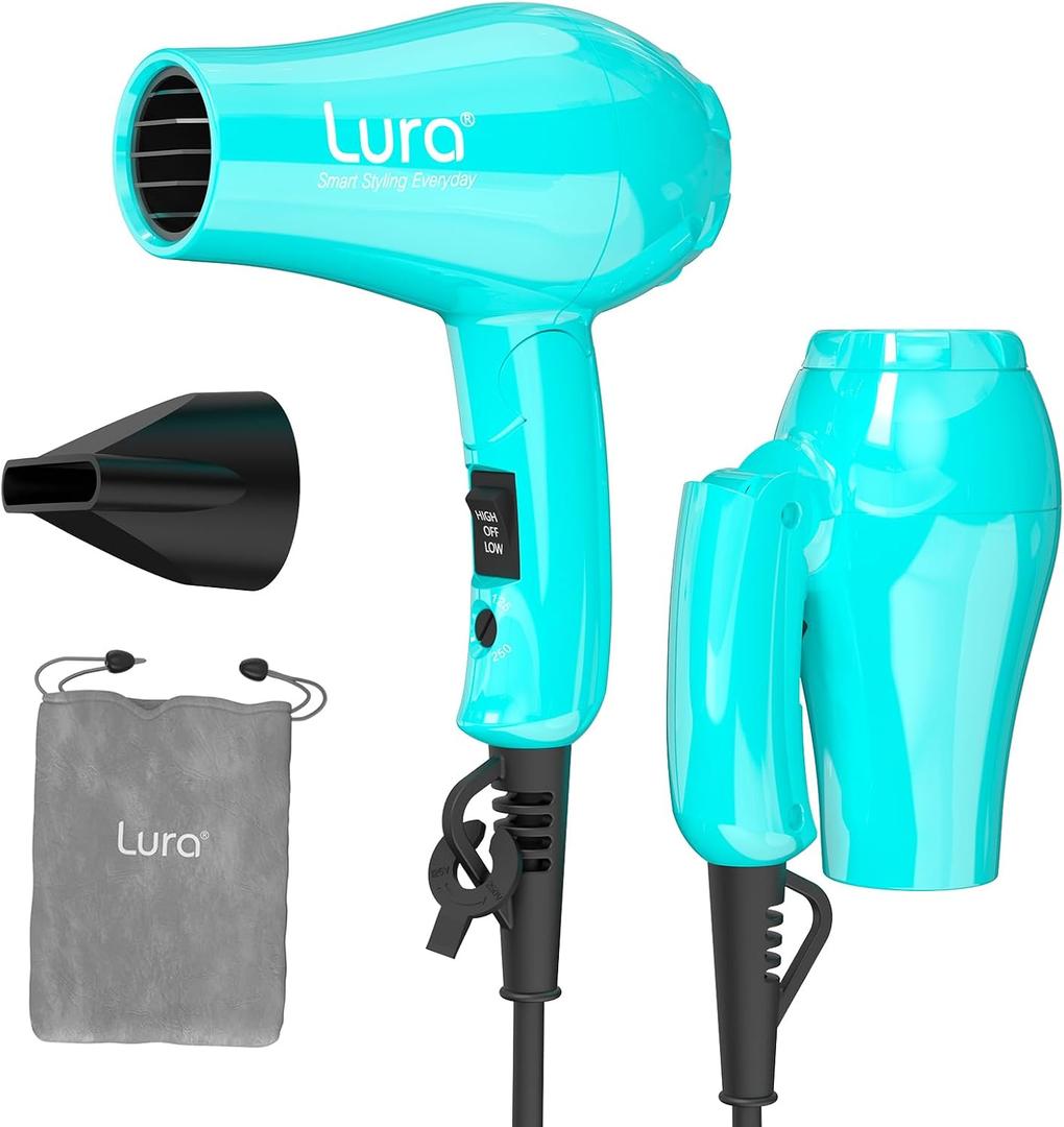 Foldable Travel Hair Dreyr Mini:Dual Voltage Lightweight Blow Dryer with Pouch,1200w Compact Pink Small Hair Dryer for Acrylic Paint Pouring(Turquoise Green)