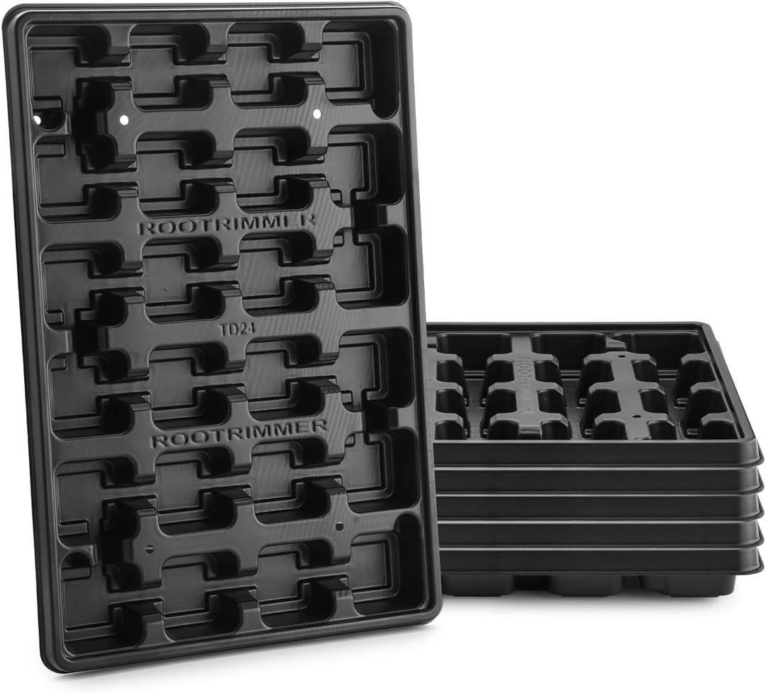 24 Cell Nursery Pots Trays 5 Pack (17"x11"x1.6"), Reusable Plant Pot Tray for Holding 2.8 inch (7CM) Square Nursery Pots, Durable Plastic Carrying Seed Starter Tray with Drain Holes (Black)
