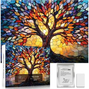 Stained Glass Puzzles for Adults 1000 Pieces - Mosaic Tree of Life Jigsaw Puzzles with Puzzle Glue, Colorful Difficult Jigsaw Puzzles, Challenging and Fun Hard Puzzle for Adults
