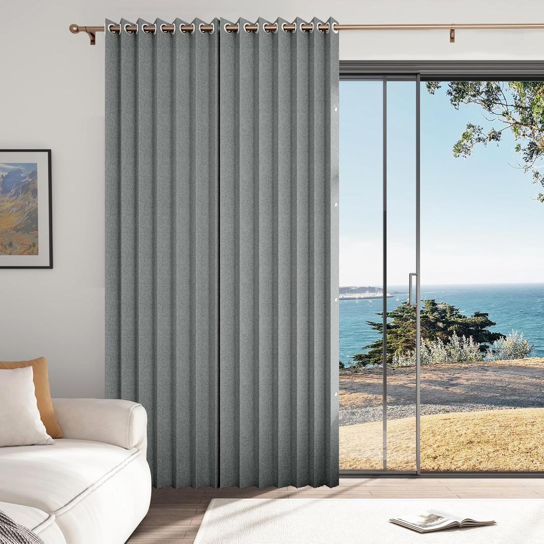 Full Blackout Memory Trained Pleated Curtains with Magnetic Closure, Flax Linen Textured Thermal Insulated Drapes, 1 Panel, W45 x L90, Grey