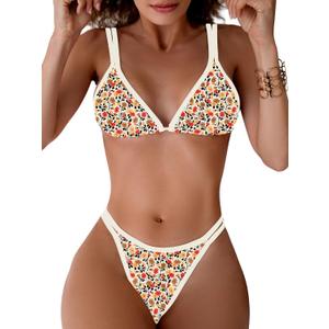 TASHEHE Women's Bikini Set High Leg Cut Double Straps Cute Triangle Swimsuit High Waist Two Piece Bathing Suit (Yellow / Floral / 402), Small