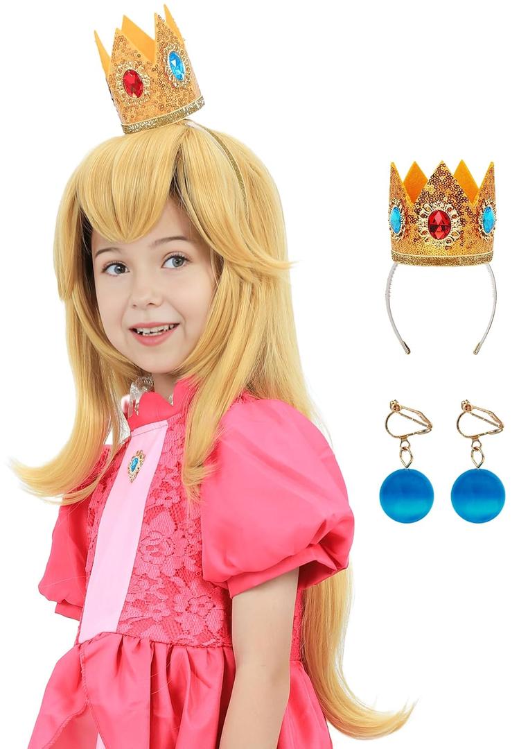Kids Girls Blonde Princess Cosplay Wig with Crown and Earrings Long Golden Wavy Costume Wigs Accessories for Halloween Party