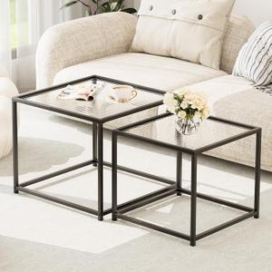 Garden 4 you Coffee Table Set of 2, Modern Patterned Glass Nesting Table, Metal Frame Square Center Table Set, Side Tables, Nesting Coffee Table for Living Room, Bedroom and Small Spaces, 23.6in Black