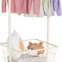 Rolling Laundry Cart with Wheels, Laundry Hamper Basket Organizer with Clothes Hanging Rack, Wire Storage Cloth Shelf Butler, Cream