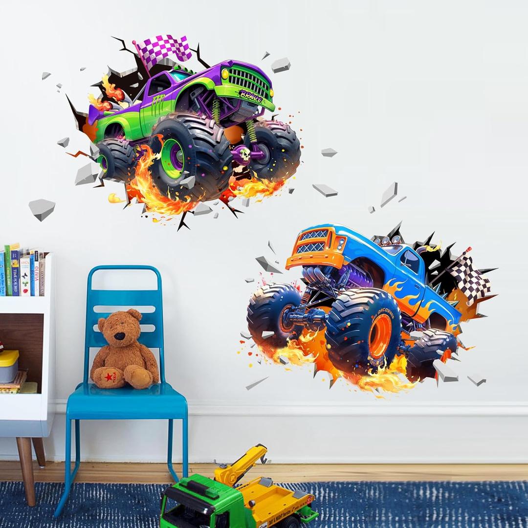 3D Racing Car Wall Decals, Truck Vehicles Wall Stickers Ball Games Peel and Stick Decal Self Adhesive Sticker for Boys Kids Room Home Decor (Blue and Purple)