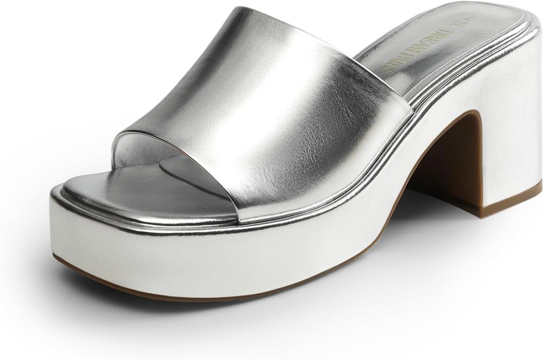 DREAM PAIRS High Chunky Platform Heels for Women Fashion Comfort Slip on Square Open Toe Block Heel Sandals,Size 6.5,Silver-Pu