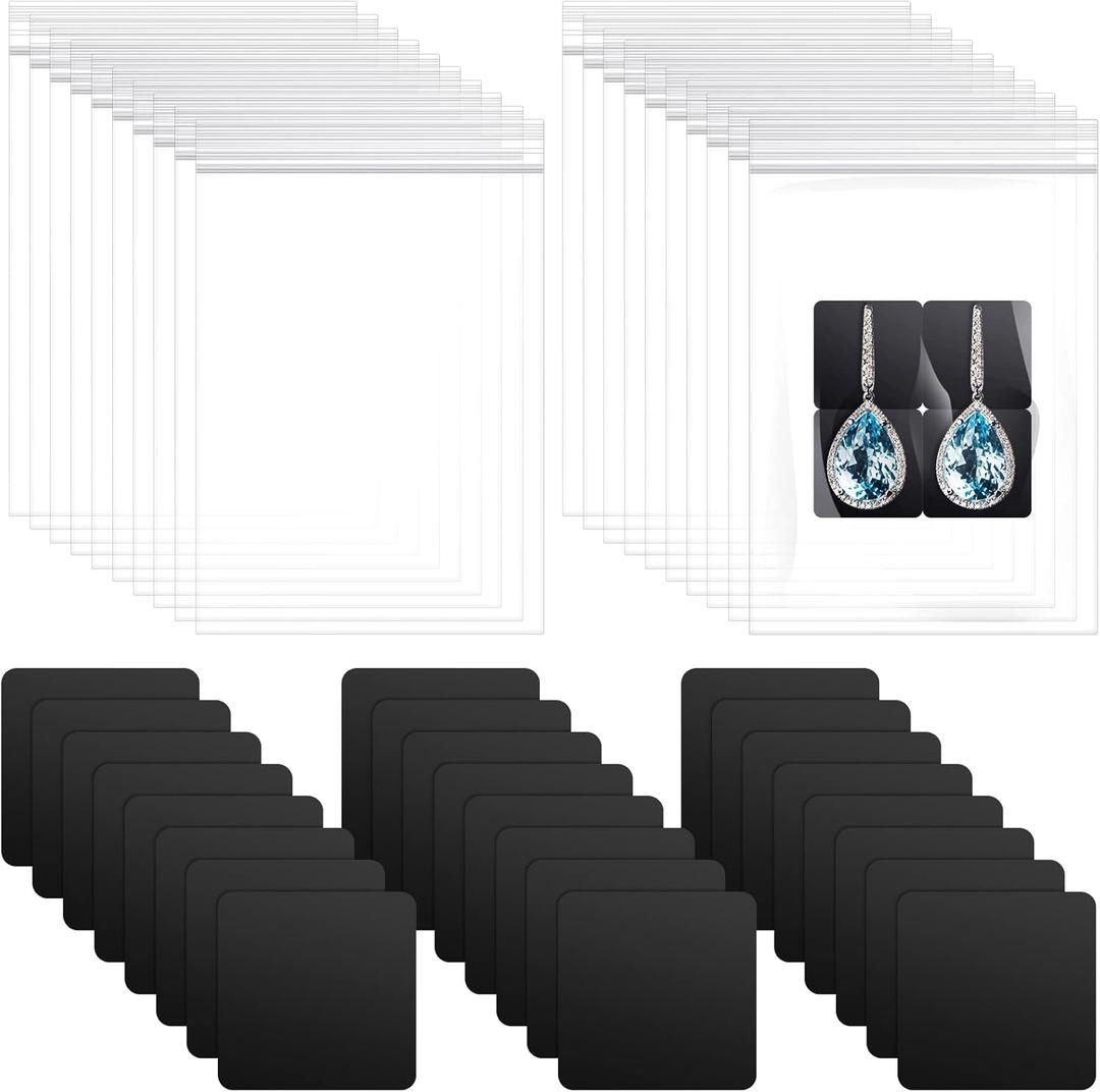 Eersida 200 Pcs Anti Tarnish Strips with Clear Plastic Jewelry Bags Sets,100 Pcs Transparent Storage Bags and 100 Pieces Anti Tarnish Tabs Strips for Packaging Jewelry Rings Earrings
