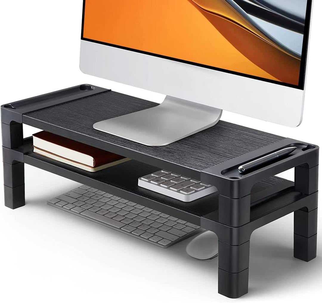 HUANUO Monitor Stand Computer Riser, Monitor Stand for Desk with Adjustable Height and 2 Platforms, Ergonomic Computer Riser, Monitor Riser for Laptops and Monitors, HNMS04 (Black)