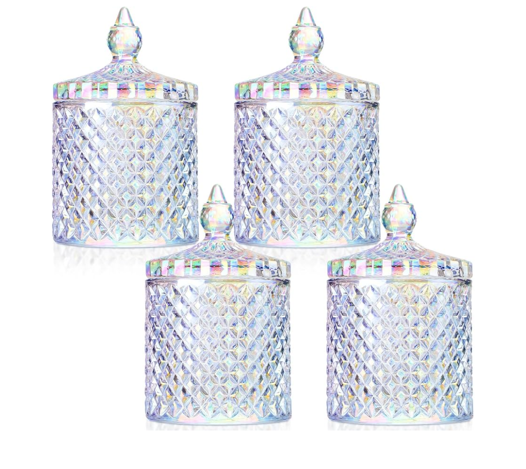 Aoriher 4 Pcs Crystal Glass Candy Jar Set with Lids Home Decorative Storage Jars for Apothecary, Bathroom, Kitchen, and Pantry, Ideal for Cotton Swabs and Jewelry(Medium,Rainbow)