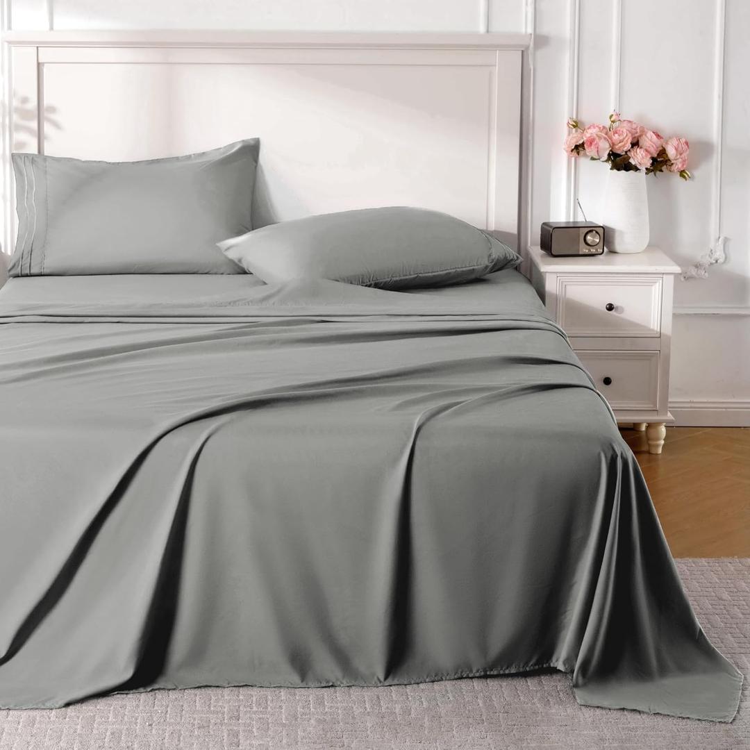 ROSE&RISY Light Grey Queen Sheet Set, 4 Pieces Soft Bedding Queen Sheet Set, Breathable and Cooling, Includes 1 Fitted, 1 Flat, 2 Pillow Cases - Deep Pocket (Light Grey, Queen)