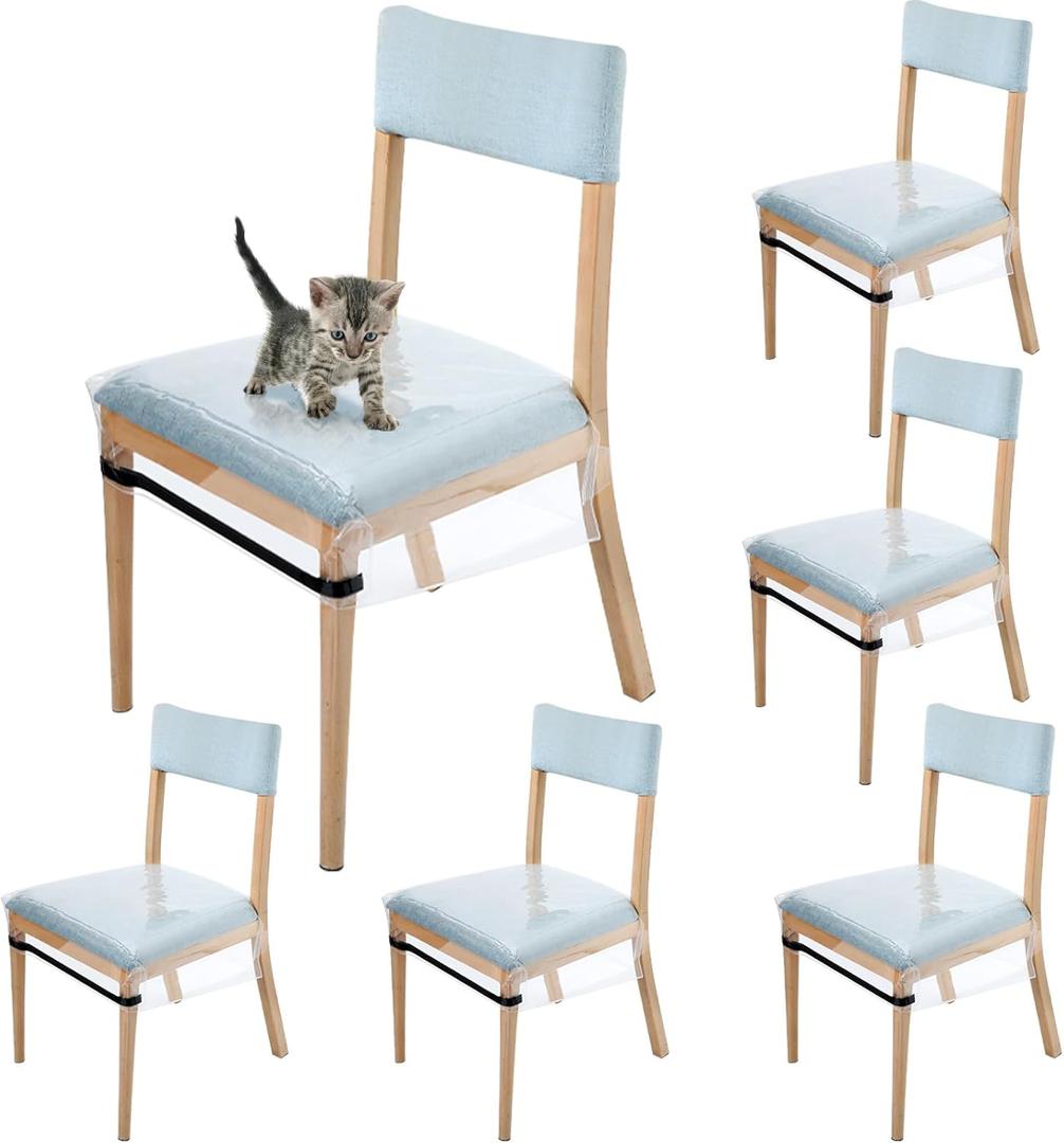 Kigley 6 Pcs Plastic Chair Covers for Dining Room Chairs Clear Plastic Seat Covers Water Stain Kitty Scratch Resistant PVC Waterproof Chair Protector with Adjustable Belt Strap for Most 18"- 20" Seats