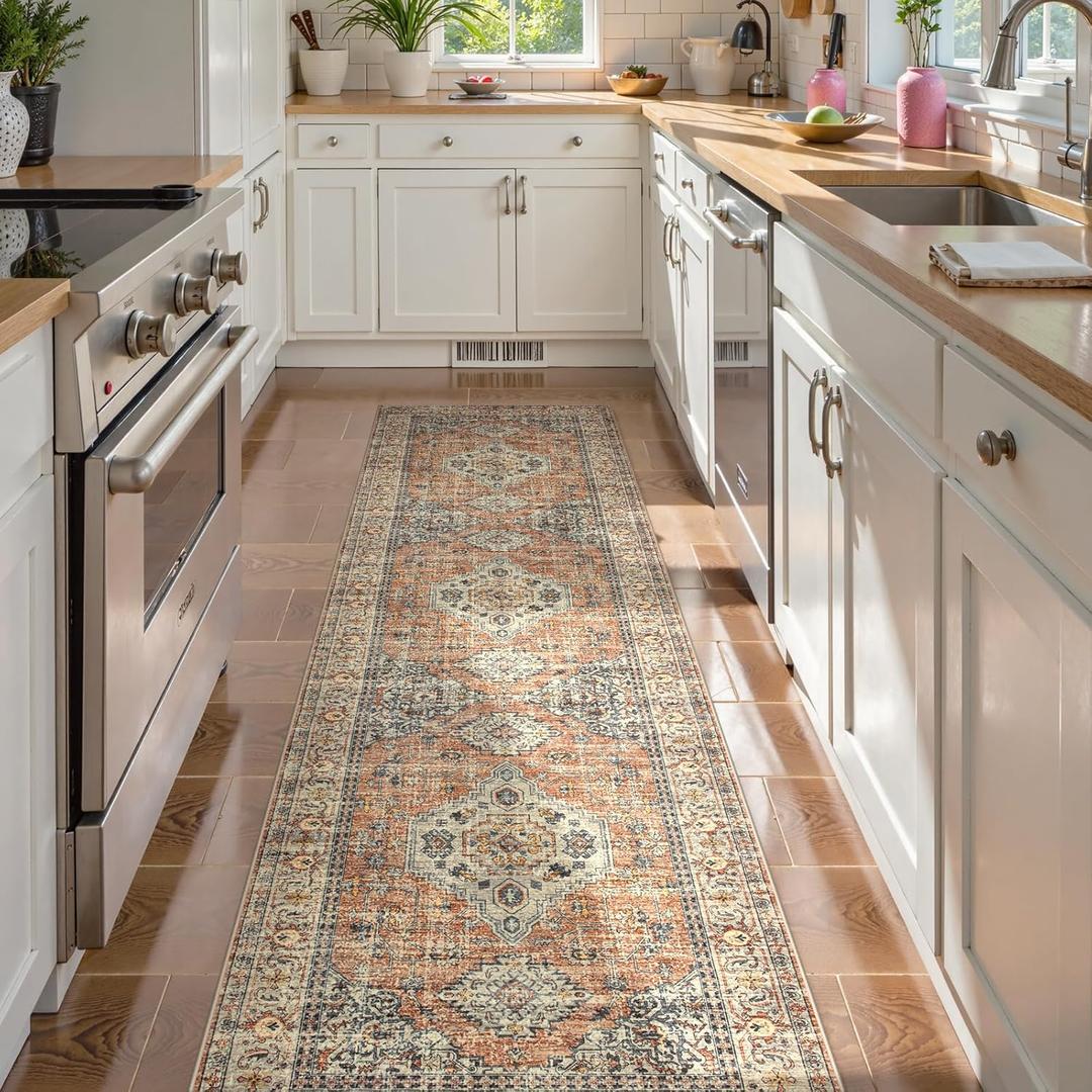 Lahome Oriental Kitchen Runners for Hallways, 2.5x10 Washable Runner Rug Non Slip, Soft Hallway Rug Distressed Ultra-Thin Long Carpet for Bathroom Entryway Bedroom, Peach/Orange (Terracotta)