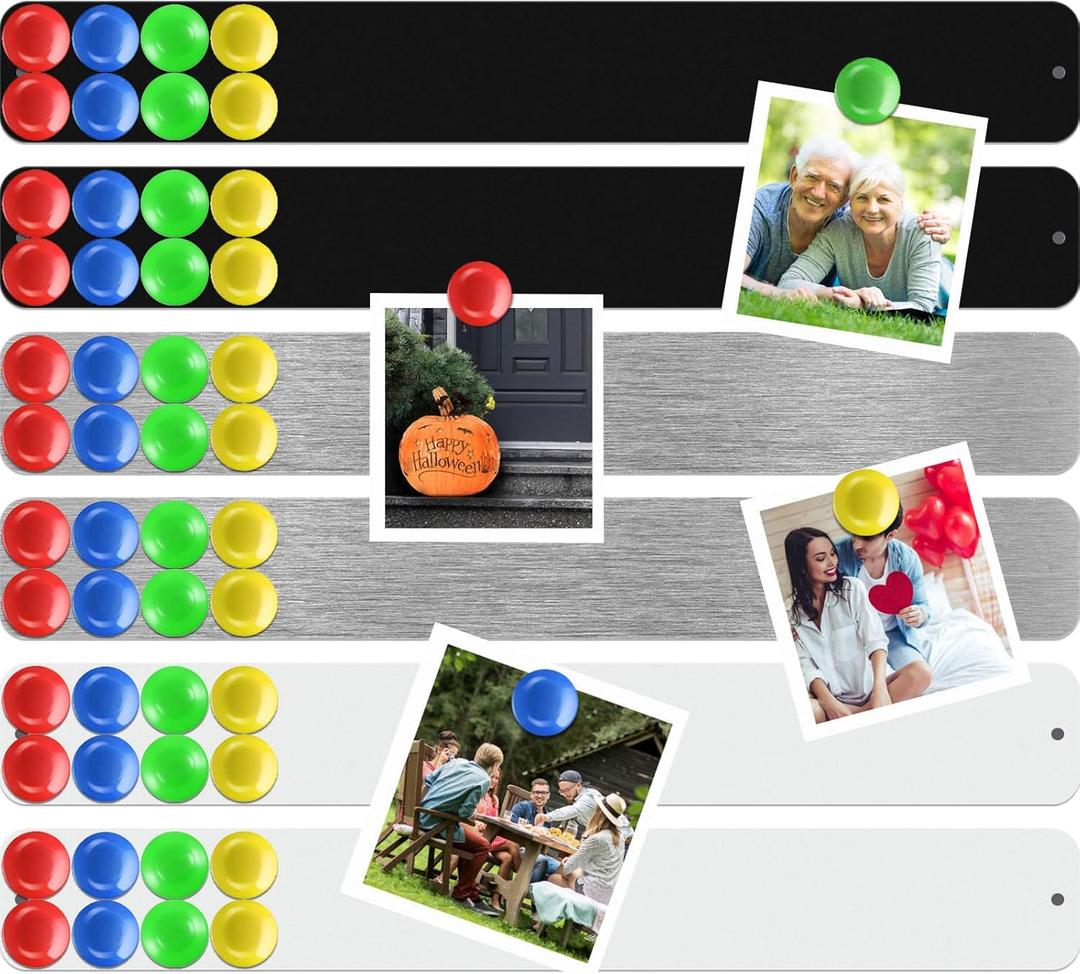 Outus 6 Pieces Frameless Magnetic Stainless Iron Board Strip 15 x 2 Inch Bulletin Bar Board Memo Strip Set with 48 Pieces Colorful Magnet for Kitchen Office(Silver, Black, White)