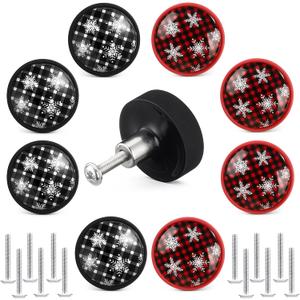Fumete 12 Pieces Christmas Buffalo Plaid Cabinet Knobs Covers Red Black Plaid Drawer Knobs Dressing Cupboard Wardrobe Closet Pulls Handle with Screws for Christmas Holiday Decor, 1.1 Inches/ 28 mm