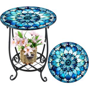 Cinnvoice Outdoor Side Table Round Small Mosaic Patio Accent Indoor End Plant Coffee Tea Table for Yard Patio Porch Garden Living Room, Bedroom(Mandala Flower Style,14 Inch)