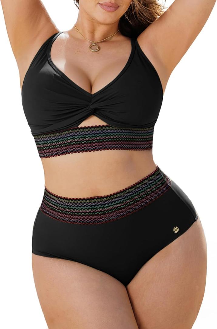 Popilush Tummy Control Swimsuits for Women - High Waisted Bikini Sets Shapewear with Boho Trim 4 Way Wear Pool and Beach (Large, Black)