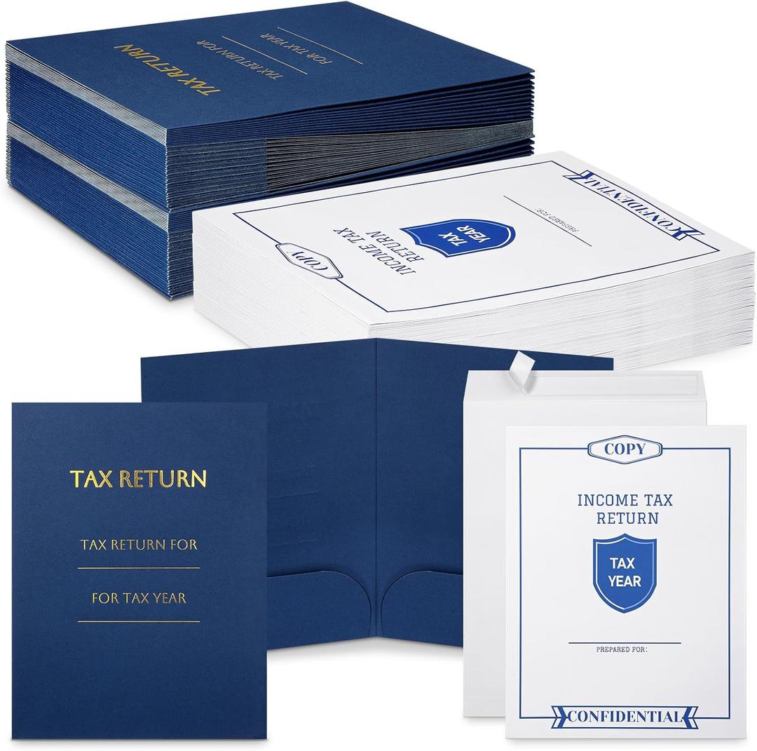 Skyygemm 50 Pcs 9 x 12 Inch Tax Return Envelopes and Tax Return Folders Set 25 White Open End Envelopes 25 Income Levy 2 Pocket Folders Gold Foil Text for Storing or Handling(Blue)