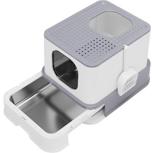RIZZARI Stainless Steel Cat Box: Large Gray Enclosed Design Litter Pan - High-Edged & Teflon Coating - for Superior Odor Control & Easy-Clean Drawer - Ideal for Multi-Cat Homes Garage