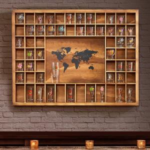 Large Shot Glass Display Case with World Map,60 Slots, 34 X 26 Inch Rustic Wood Shot Glass Display Cabinet for 2 Size -In Rooms Bars Wine Cellars with Shot Glasses Jewelry Shell & Keepsakes