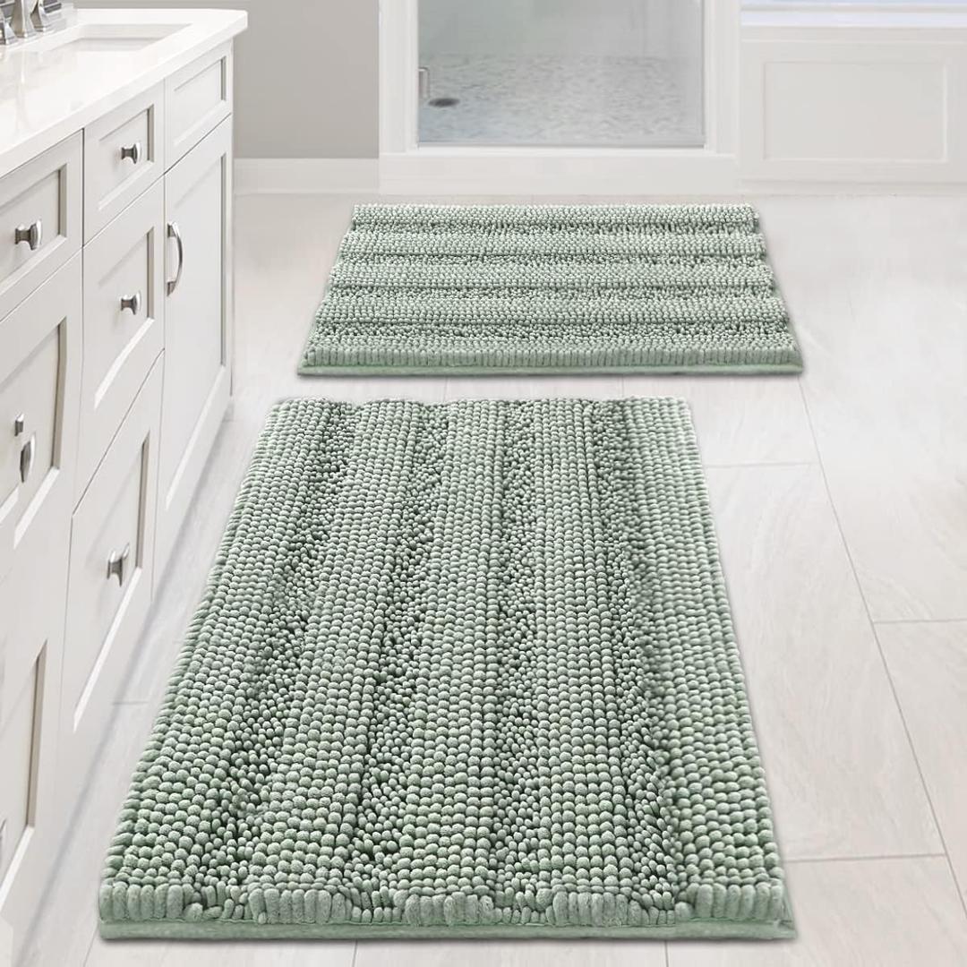 H.VERSAILTEX Sage Bathroom Rugs, Bath Mat Set of 2 Extra Thick Chenille Striped Pattern Shaggy Bath Rugs for Bath Room, Non Skid Bath Mats for Bathroom Floor (32 x 20 Plus 24 x 17 - Inches)
