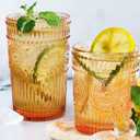 12pcs Vintage Drinking Glasses Set, 12 oz Highball Glasses & 9 oz Embossed Ribbed Glassware Cups for Cocktail, Water, Juice, Coffee, Whiskey (Amber)
