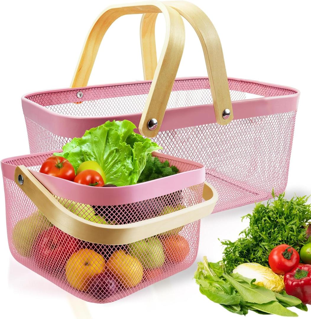 Cheardia 2 Pack Picnic Baskets, Metal Mesh Harvest Basket with Foldable Wooden Handle, Rectangle Garden Storage Basket Bin for Vegetable Fruit Garden Kitchen Cabinet Picking Gathering, Pink