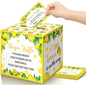 Teling 51 Pieces Diaper Raffle Tickets with Card Baby Shower Decorations Gender Reveal Holder Box for Girl Boy Diaper Raffle Party(A Little Lemon is on the Way)