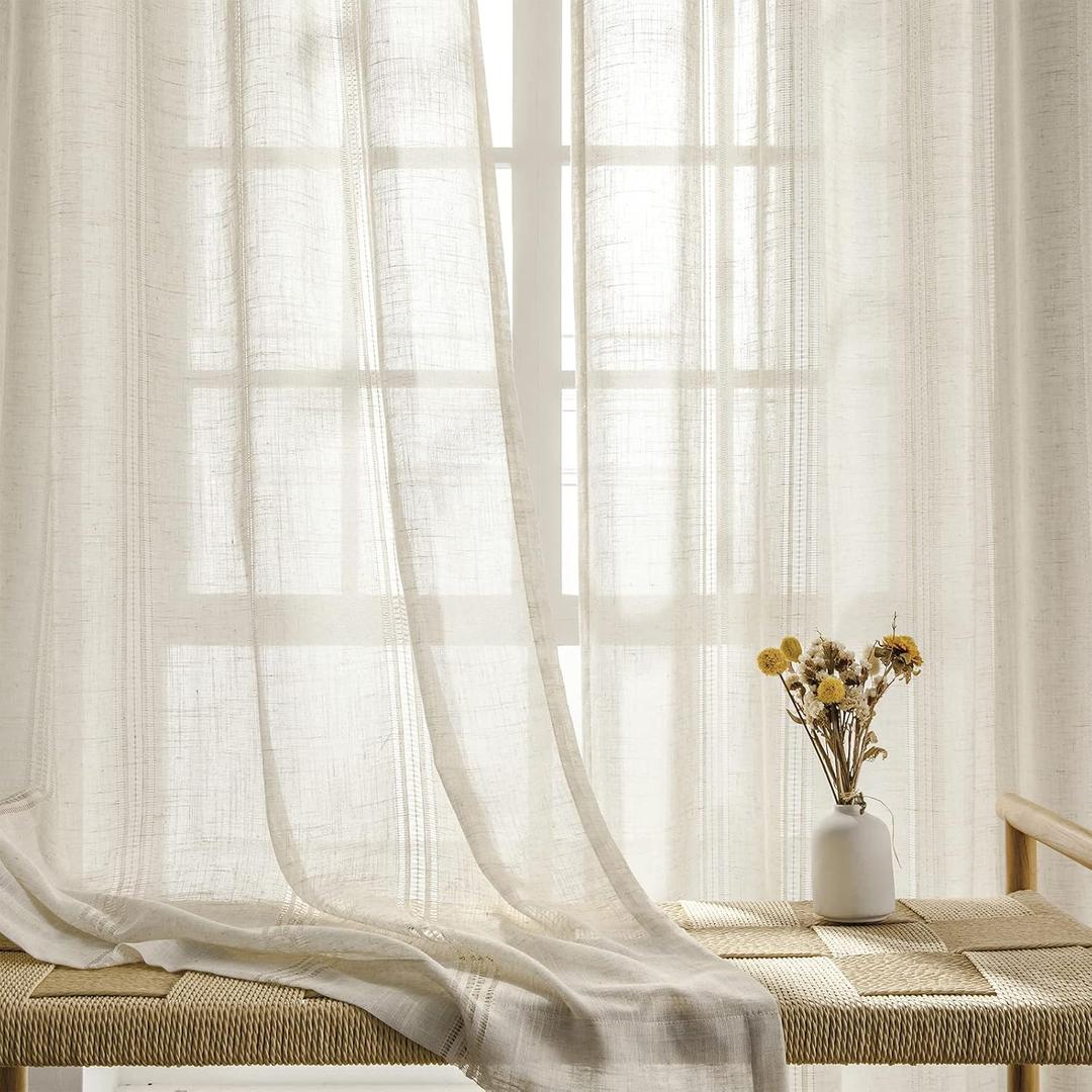 Natural Linen Sheer Curtain 95 inches Length, Rod Pocket Hollow Stripe Transparent Voile Window Drapes for Bedroom/Living Room, 2 Panels,52" Width