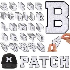 WILLBOND 104 Pieces Iron On Letters Chenille Letter Patches 3.1inches A-Z Alphabet Patches for Clothing Preppy Sew Embroidered Repair Fabric Jacket Jeans Bag(White with Black Edges)