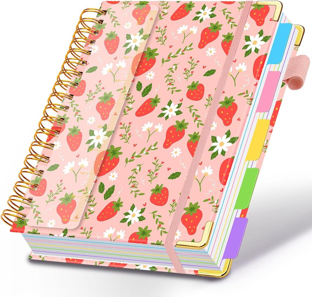 Spiral Journal Notebooks for Work, 300 Pages 5 Subject Notebook College Ruled with Dividers & Tabs, 8''x 10'' Large Notebook Journal for Women Students Note-Taking and Organizer (Pink Strawberry)