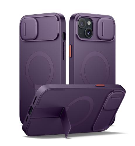 SURITCH for iPhone 14 Plus/15 Plus Case with Magnetic Camera Slide Cover and Adjustable Kickstand, Compatible with MagSafe, Shockproof Bumper Case Slim Protective Cover 6.7 Inch, Dark Purple