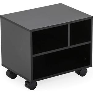 FITUEYES Mobile Printer Stand with Storage, Under Desk Black Wood Small Rolling Printer Table Work Cart with Wheels and 3 Compartment Organizer Spaces for Home Office, 15.7 x 11.8 x 13.8