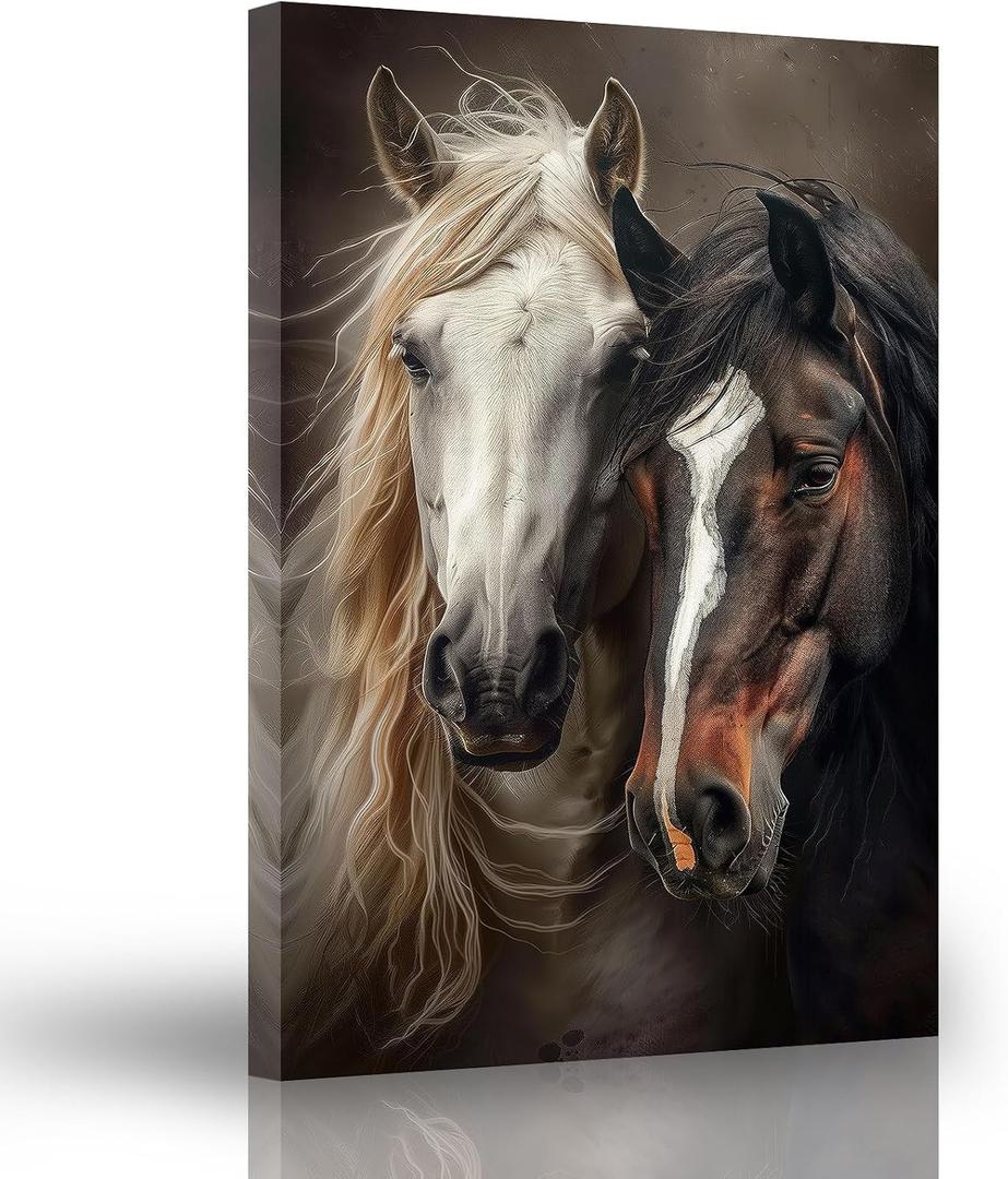 ARTZGX Horse Wall Art Black White and Brown Horse Poster Canvas Running Animals Pictures Painting for Living Room Decor Frame(White 16L x 24W)